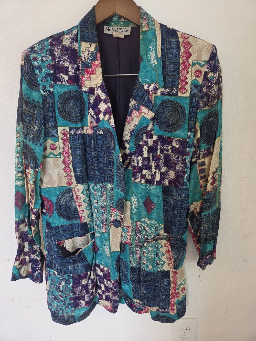 Vintage 80s 90s Michael Taylor USA Rayon Geometric Tribal Patchwork Blazer M